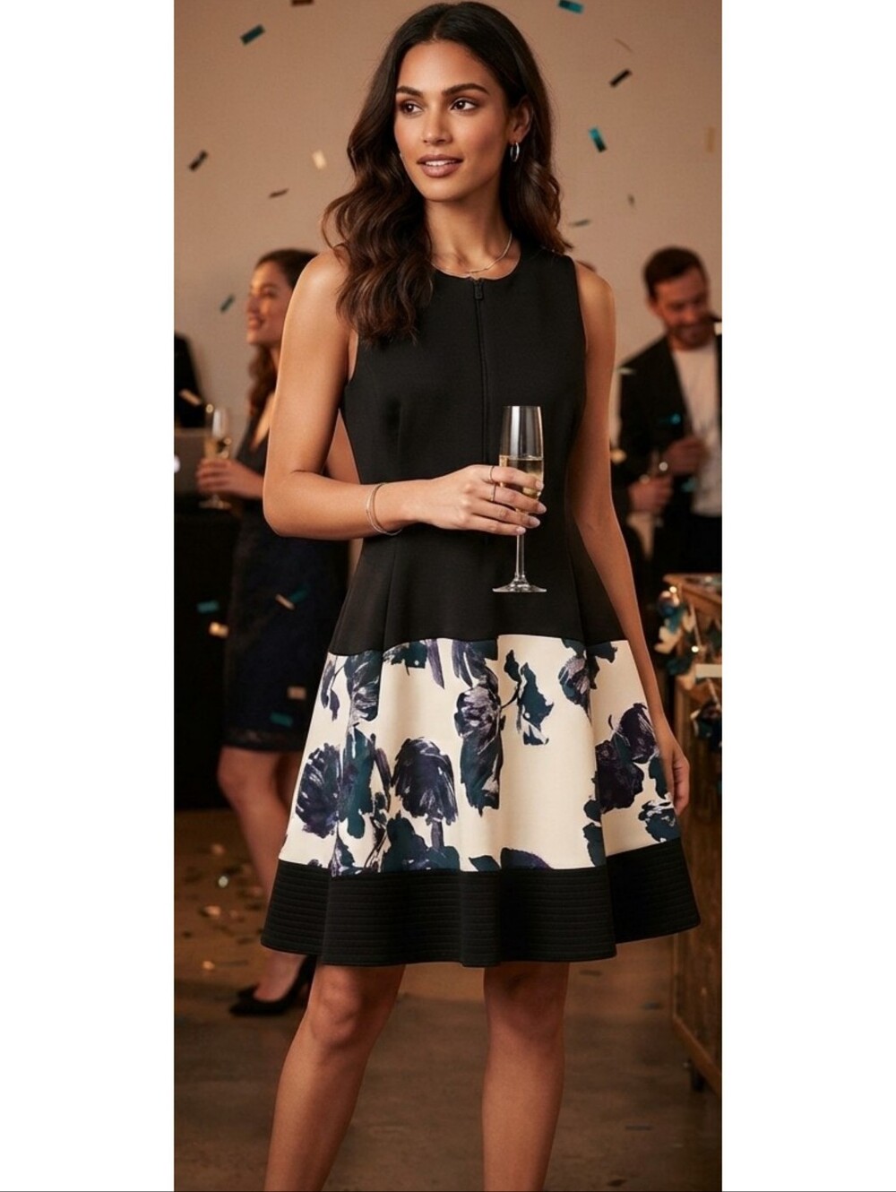 Donna Karan New York Sleeveless Colorblock Floral Fit & Flare Dress Black Size M